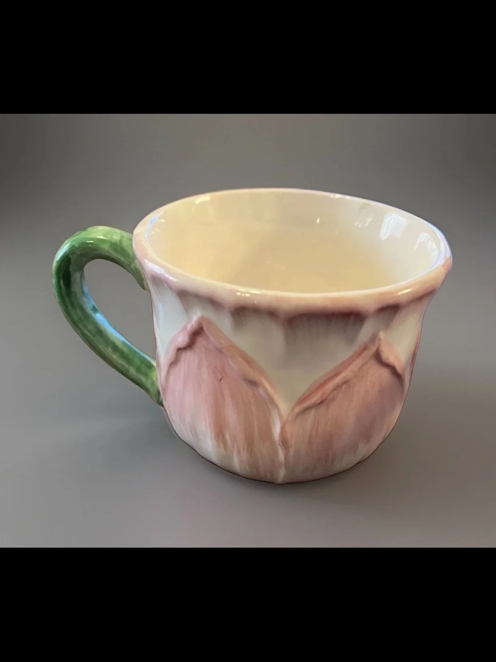 Hand-Painted Pink Floral Ceramic Mug with Green Handle